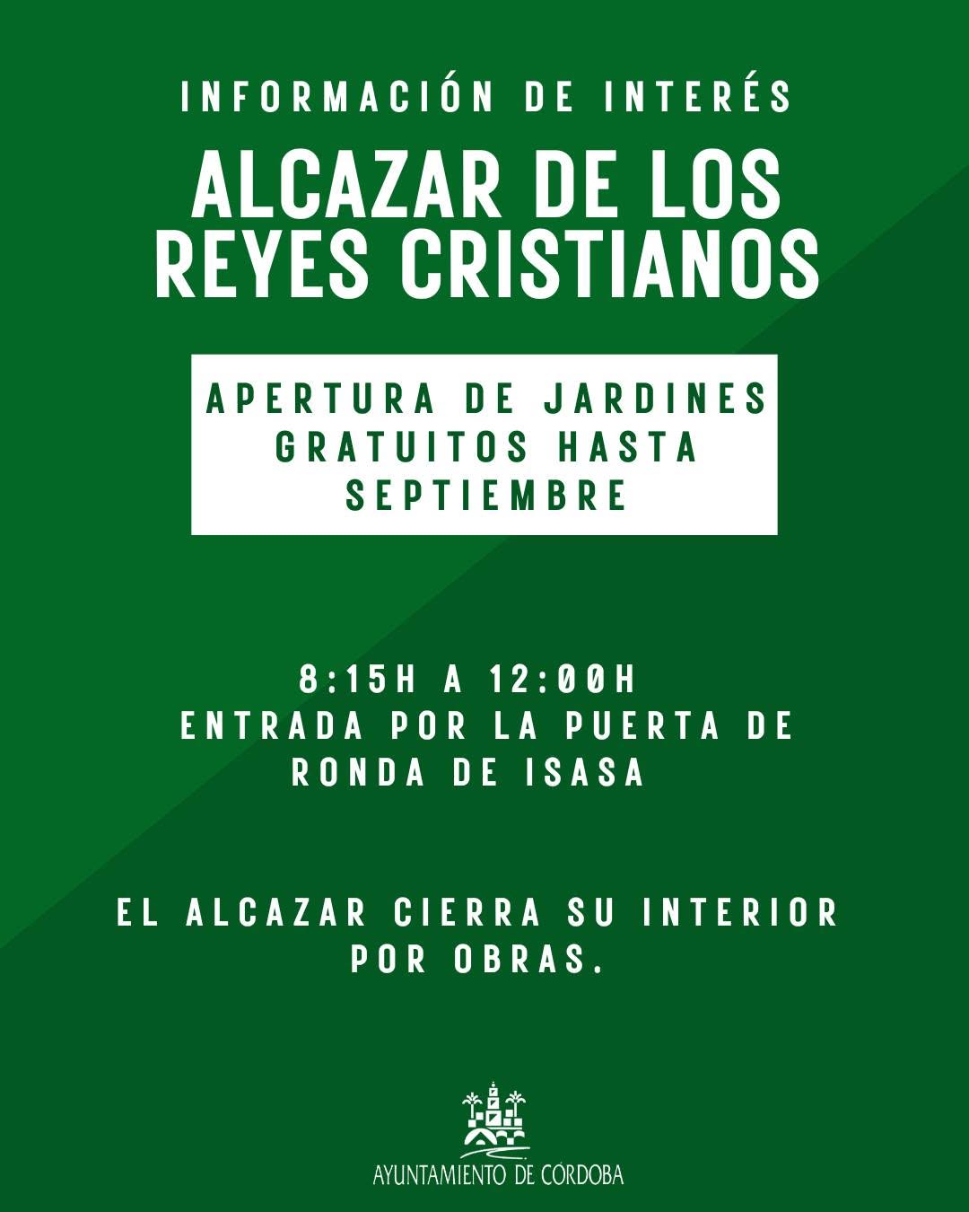 Los jardines del Alcázar de los Reyes Cristianos se abren de forma gratuita hasta septiembre.